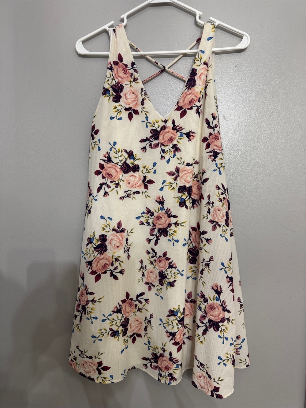 mts Cream Floral Cross-Back Sundress with Pink Roses